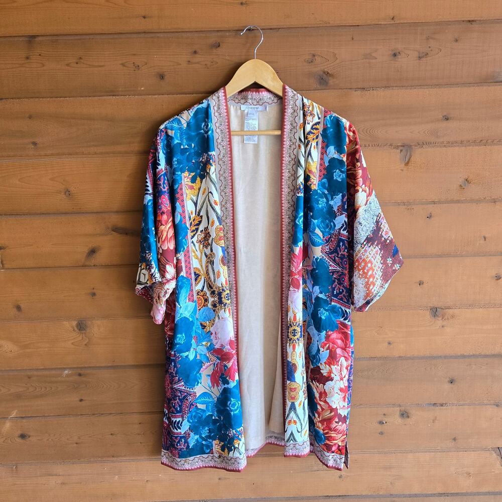 Chico's Kimono Tapestry Floral Mid Tunic Top Floral S/M Boho Flowy Cardigan S/M - Picture 3 of 7